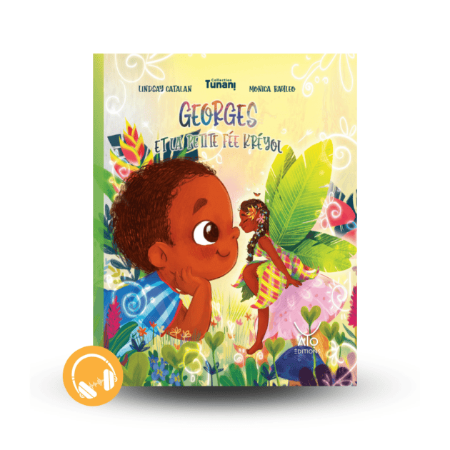 Illustration colorée de Georges et une petite fée kréyol dans un décor tropical.