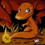 Illustration de dinosaure dans la forêt avec une Pokéball à ses côtés.