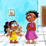 Scène humoristique d'enfants discutant dans une maison colorée.